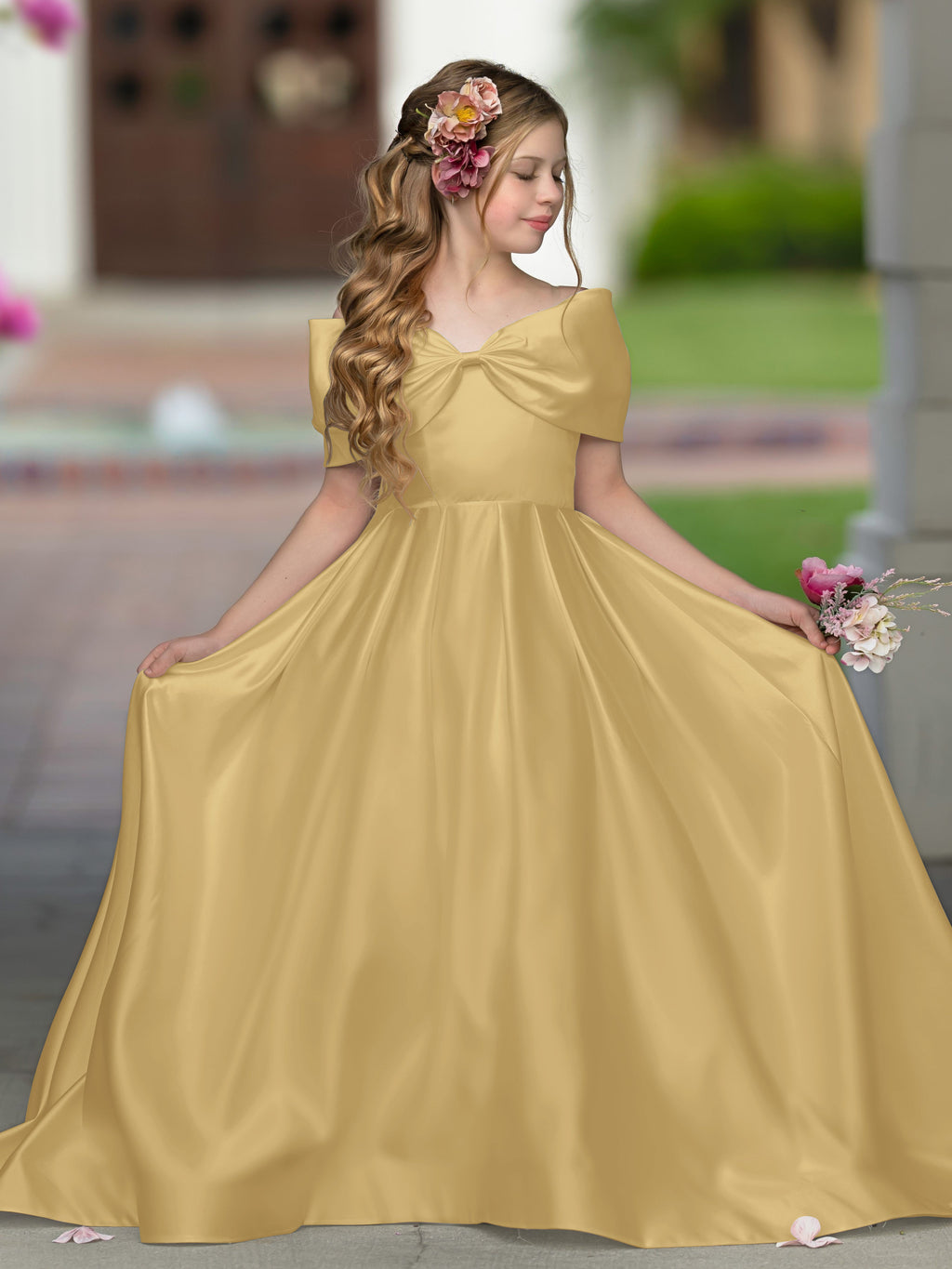 Robe de bal princesse élégante en satin ivoire avec traîne et nœud pour demoiselles d'honneur 