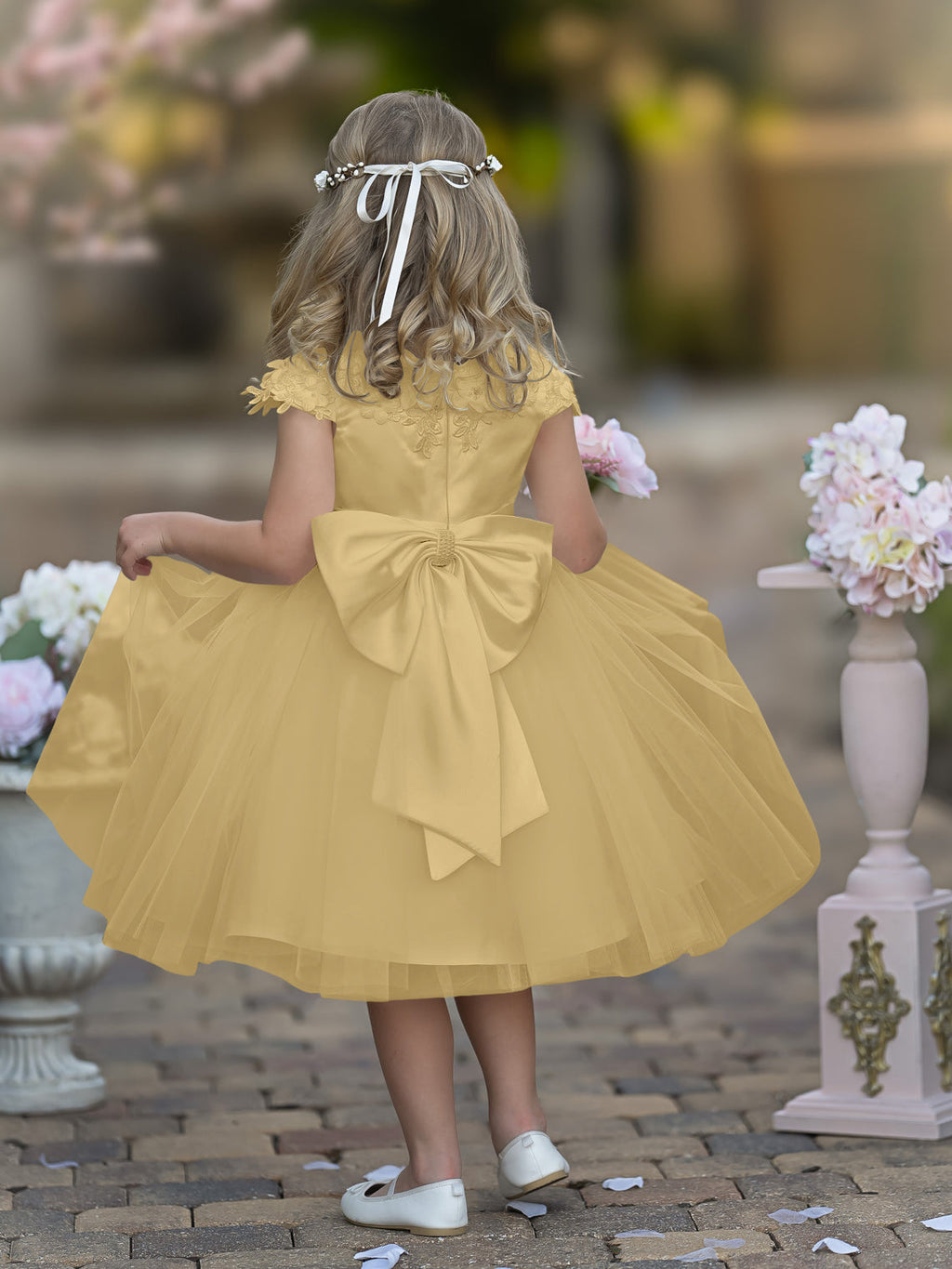 Vestido de niña de las flores de la Primera Comunión, color marfil, de tul satinado hasta la rodilla 