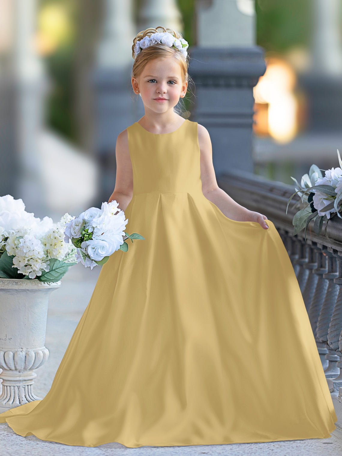 Vestido de niña de las flores para la Primera Comunión, corte en A, encaje y satén, hasta el suelo 