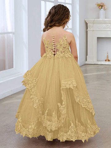 Robe de princesse sans manches en tulle avec applications de dentelle et traîne pour filles 