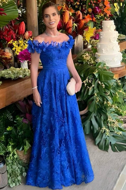 Magnifique robe de mariée bleue sans manches à épaules dénudées en dentelle, coupe trapèze, pour la mère de la mariée.