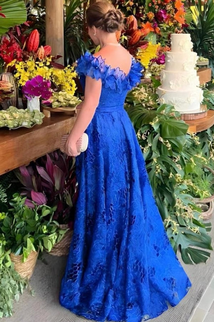 Magnifique robe de mariée bleue sans manches à épaules dénudées en dentelle, coupe trapèze, pour la mère de la mariée.