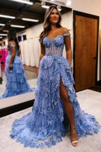 Superbe robe de bal trapèze en dentelle, épaules dénudées, sans manches, avec fente