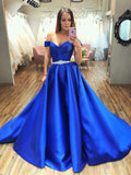 Preciosos vestidos largos de fiesta de satén azul real con escote en A y hombros descubiertos.