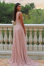 Superbe robe de bal rose en satin, coupe trapèze, asymétrique, sans manches, avec fente sur le devant