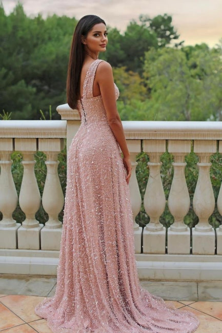 Superbe robe de bal rose en satin, coupe trapèze, asymétrique, sans manches, avec fente sur le devant