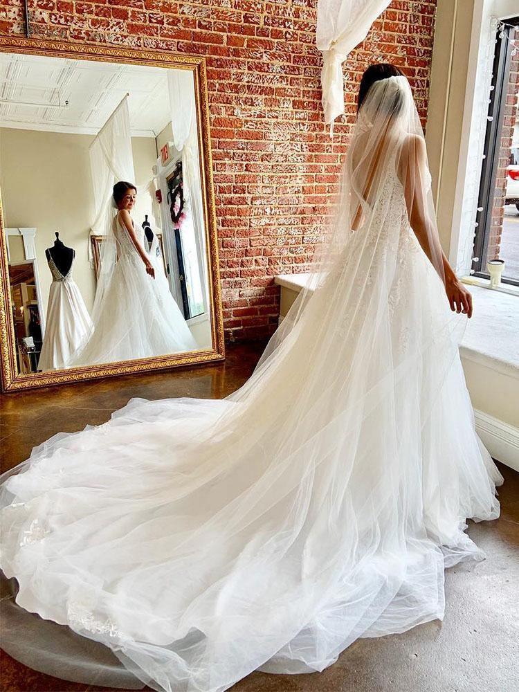 Precioso vestido de novia de tul corte A con escote en V y espalda descubierta con apliques WD514