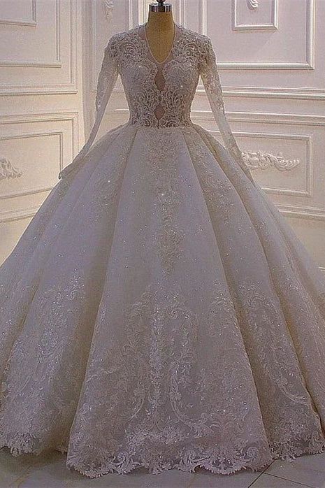 Magnifique robe de mariée blanche trapèze à col en V et manches longues en dentelle et sequins