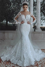 Magnifique robe de mariée sirène en dentelle perlée, manches en tulle transparent et appliques.