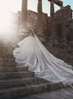 Magnifique robe de mariée princesse à manches longues et col transparent, ornée de perles et de fleurs.