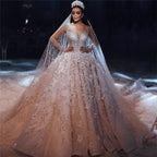 Magnifique robe de mariée princesse à manches longues et col transparent, ornée de perles et de fleurs.