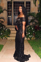 Gorgeous Black Long Mermaid One Shoulder Tulle Lace Prom Dress with Sleeves