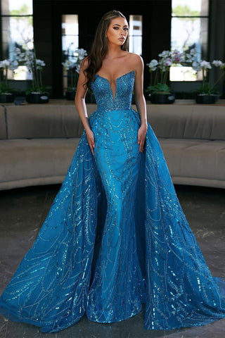 Superbe robe de bal sirène longue bleue sans manches avec traîne amovible
