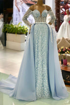 Precioso vestido de graduación azul con hombros descubiertos, mangas largas, corte en A y detalles de cuentas