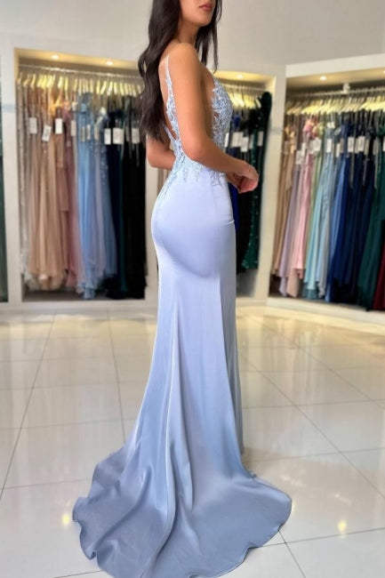 Gorgeous Column Satin Spaghetti Straps Sleeveless Prom Dress With Appliques Split