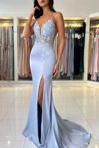 Gorgeous Column Satin Spaghetti Straps Sleeveless Prom Dress With Appliques Split