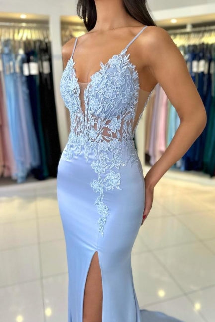 Gorgeous Column Satin Spaghetti Straps Sleeveless Prom Dress With Appliques Split