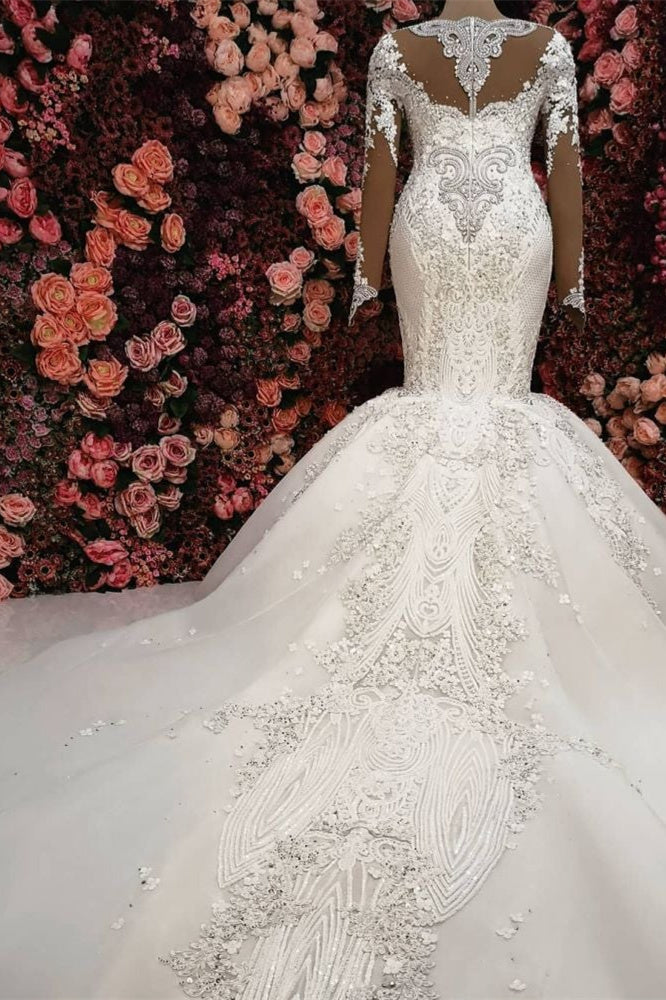 Gorgeous Crystals Mermaid Bridal Wears Long Sleeves Chapel Train Wedding Dress