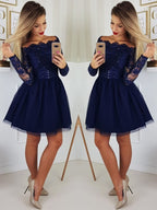Magnifiques robes de bal courtes à sequins bleu foncé avec manches