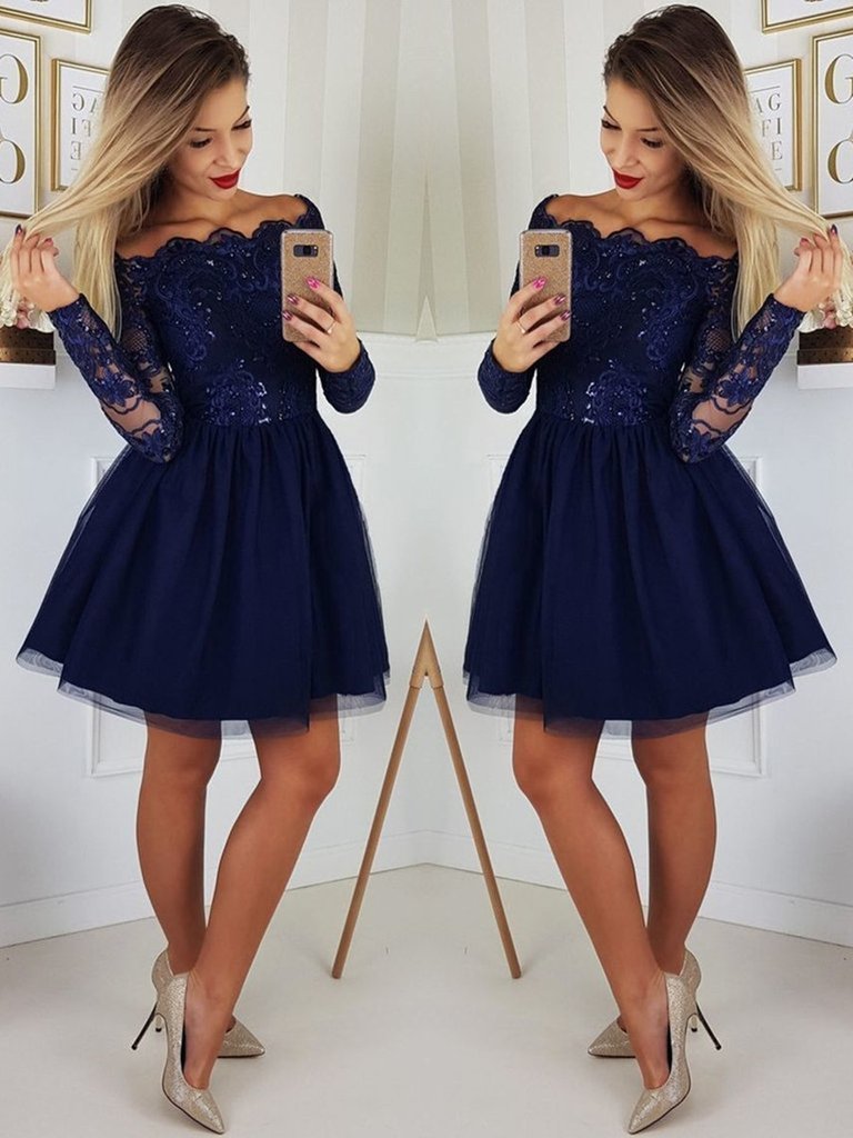 Magnifiques robes de bal courtes à sequins bleu foncé avec manches