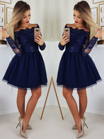 Gorgeous Dark Blue Sequins Short Prom Dresses with Sleeves