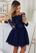 Magnifiques robes de bal courtes à sequins bleu foncé avec manches