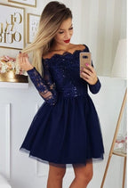 Magnifiques robes de bal courtes à sequins bleu foncé avec manches