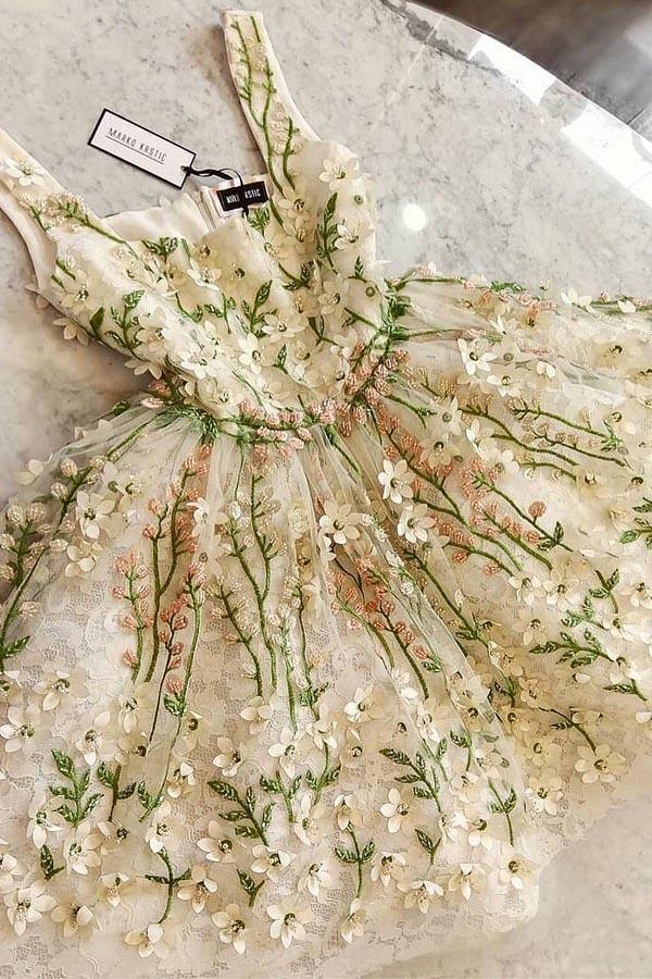 Preciosos vestidos de fiesta con tirantes y flores hasta la rodilla, vestidos de graduación para baile de bienvenida PD418
