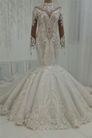 Precioso y glamuroso vestido de novia de sirena con cuello alto y cuentas