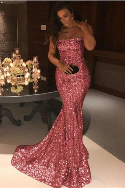 Gorgeous Gold Sequins Mermaid Evening Gowns Chic Strapless Prom Dresses