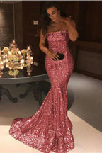 Gorgeous Gold Sequins Mermaid Evening Gowns Chic Strapless Prom Dresses