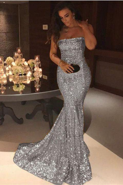 Gorgeous Gold Sequins Mermaid Evening Gowns Chic Strapless Prom Dresses