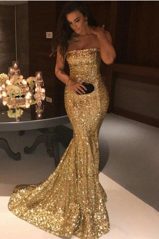 Gorgeous Gold Sequins Mermaid Evening Gowns Chic Strapless Prom Dresses