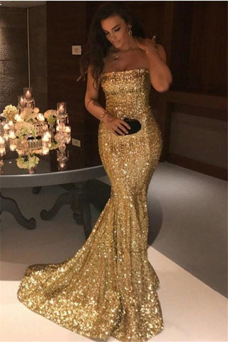 Preciosos vestidos de noche de sirena con lentejuelas doradas, elegantes vestidos de graduación sin tirantes