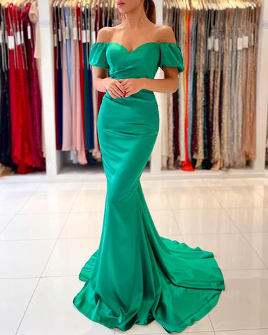 Magnifique robe de soirée sirène verte longue en solde, épaules dénudées
