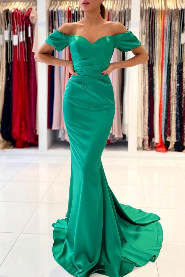 Magnifique robe de soirée sirène verte longue en solde, épaules dénudées