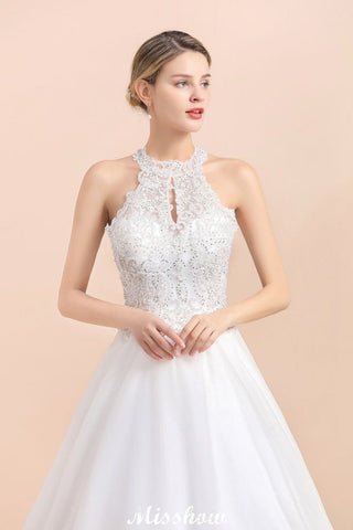 Gorgeous Halter Rhinstones Wedding Dress White Tulle Lace Appliques Aline Bridal Gown