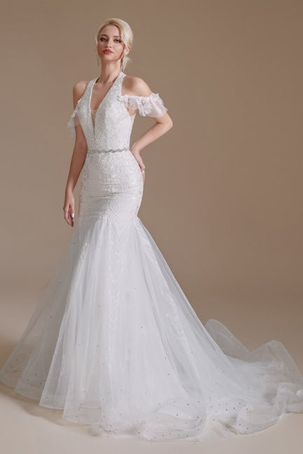 Preciosos vestidos de novia de sirena sin mangas con escote halter y largo hasta el suelo, de tul con apliques 