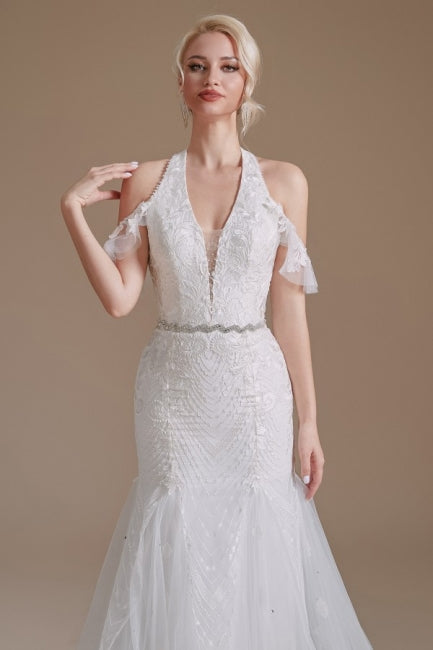Preciosos vestidos de novia de sirena sin mangas con escote halter y largo hasta el suelo, de tul con apliques 