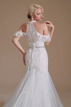Preciosos vestidos de novia de sirena sin mangas con escote halter y largo hasta el suelo, de tul con apliques 