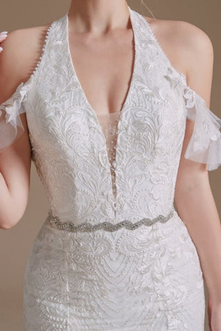 Preciosos vestidos de novia de sirena sin mangas con escote halter y largo hasta el suelo, de tul con apliques 