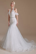 Preciosos vestidos de novia de sirena sin mangas con escote halter y largo hasta el suelo, de tul con apliques 