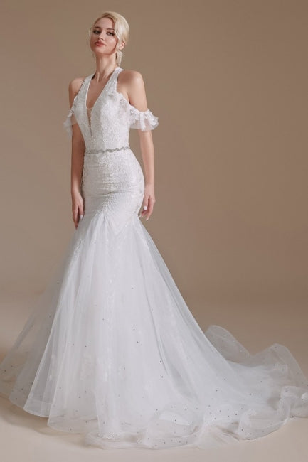 Preciosos vestidos de novia de sirena sin mangas con escote halter y largo hasta el suelo, de tul con apliques 