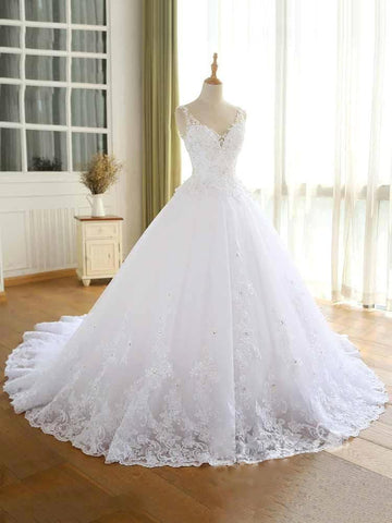 Magnifique robe de mariée en dentelle perlée, nouveauté, décolleté en V, bretelles longues, style princesse, robe de mariée pour un mariage ou une fête.