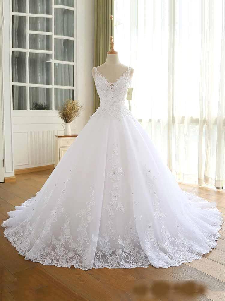 Magnifique robe de mariée en dentelle perlée, nouveauté, décolleté en V, bretelles longues, style princesse, robe de mariée pour un mariage ou une fête.