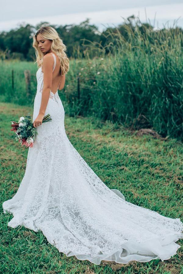 Precioso vestido de novia rústico de sirena con escote corazón y encaje color marfil WD512