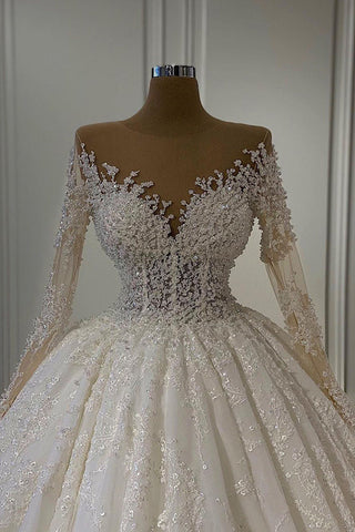 Precioso vestido de novia de encaje de manga larga con cuentas, estilo baile.