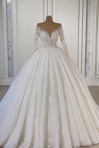 Precioso vestido de novia de encaje de manga larga con cuentas, estilo baile.