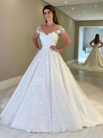 Preciosos vestidos de novia largos de corte A, con hombros descubiertos, encaje, espalda descubierta y mangas cortas.