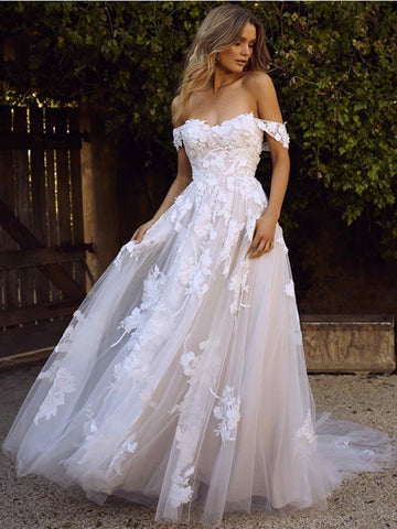 Preciosos vestidos de novia largos de corte A, con hombros descubiertos, espalda descubierta y apliques de tul.